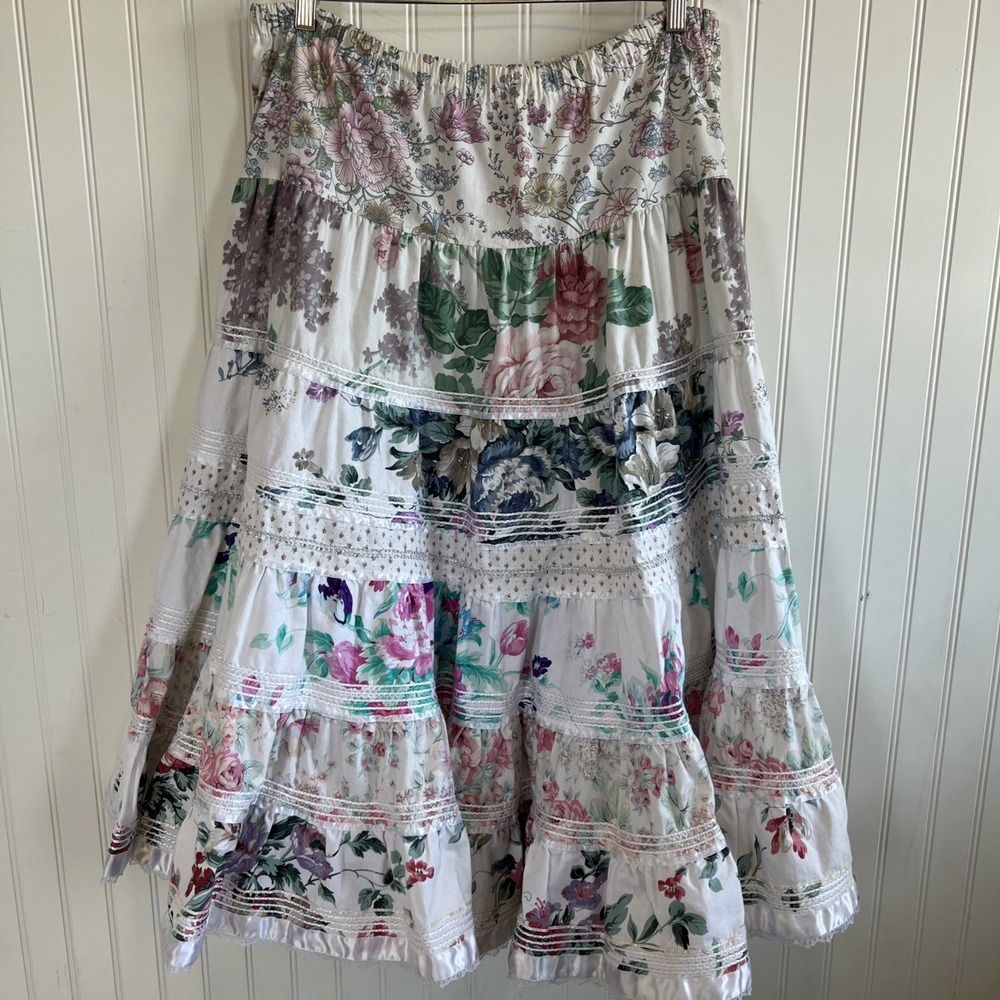 Anna Konya Vintage Maxi Skirt Tiered Bohemian Cottage Prairie Pockets One Size